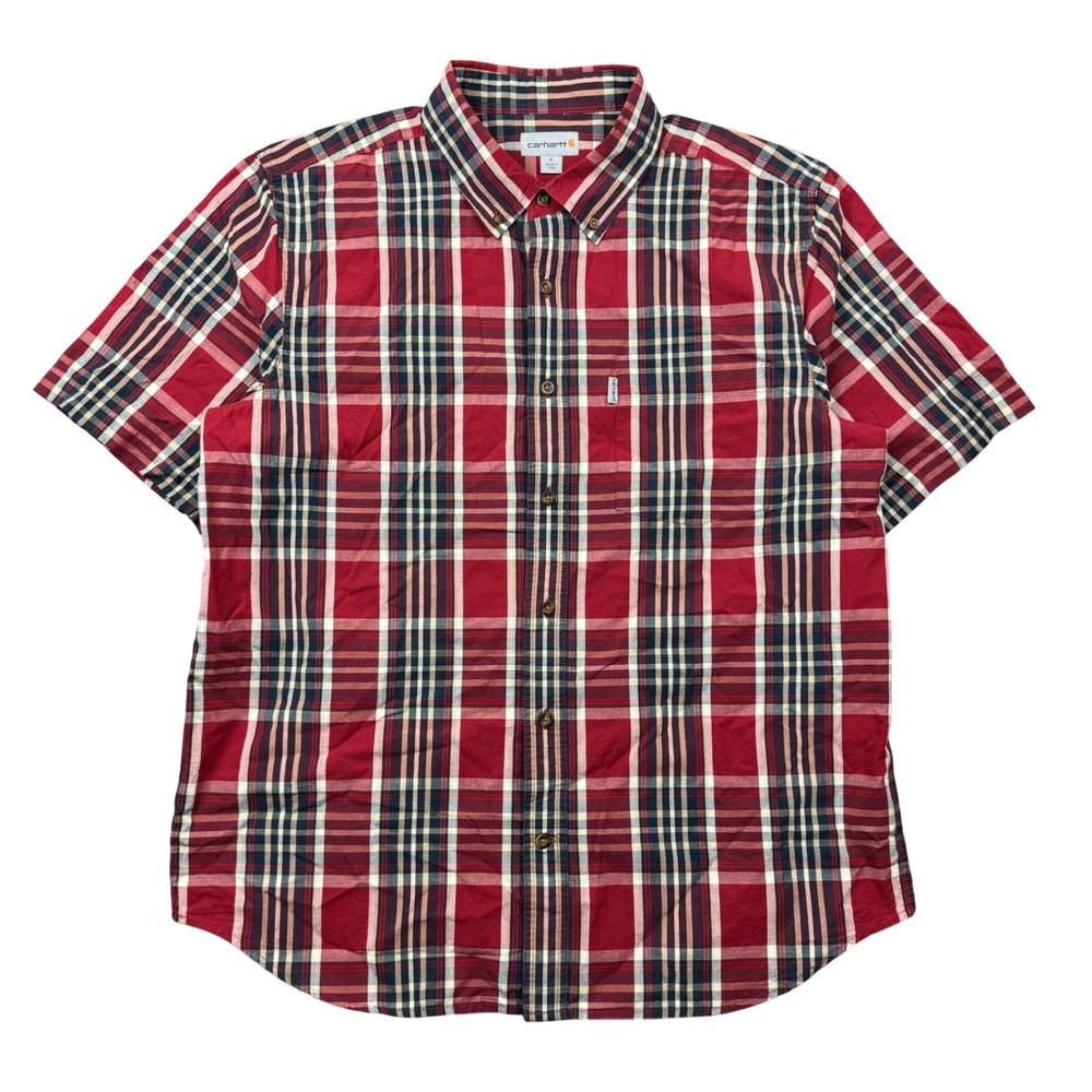 Carhartt Shirt Men XL Red Plaid Short Sleeve Button Up Workwear Chest Pocket